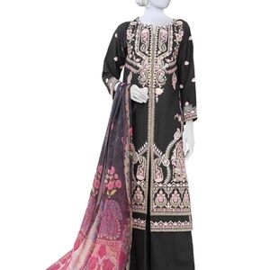 Elegant Black and Pink Embroidered Dress with Scarf